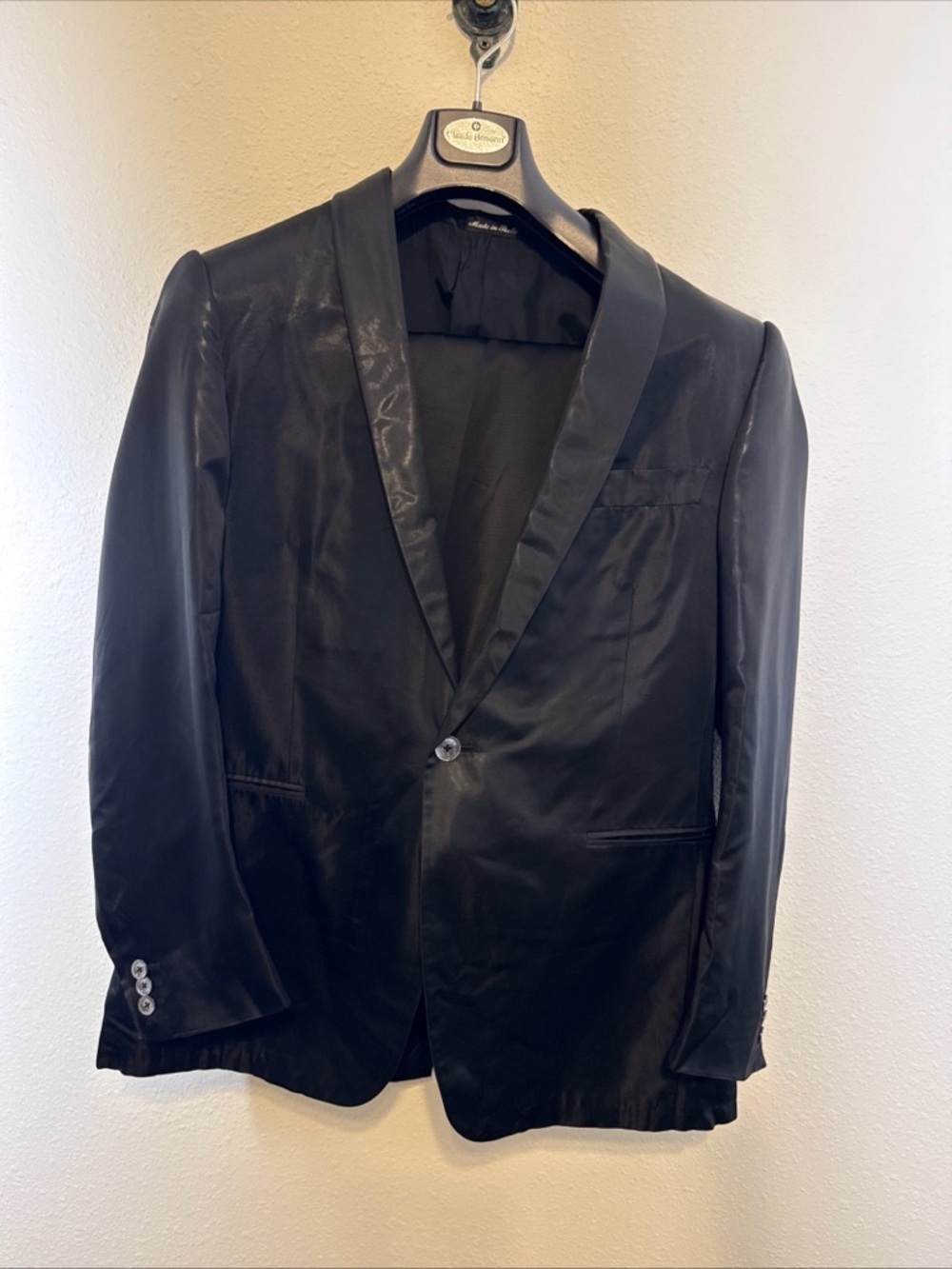Claude Bonucci 2 Piece Satin Suit 42R Jacket Black 34x29.5 Flat Front Pant Italy